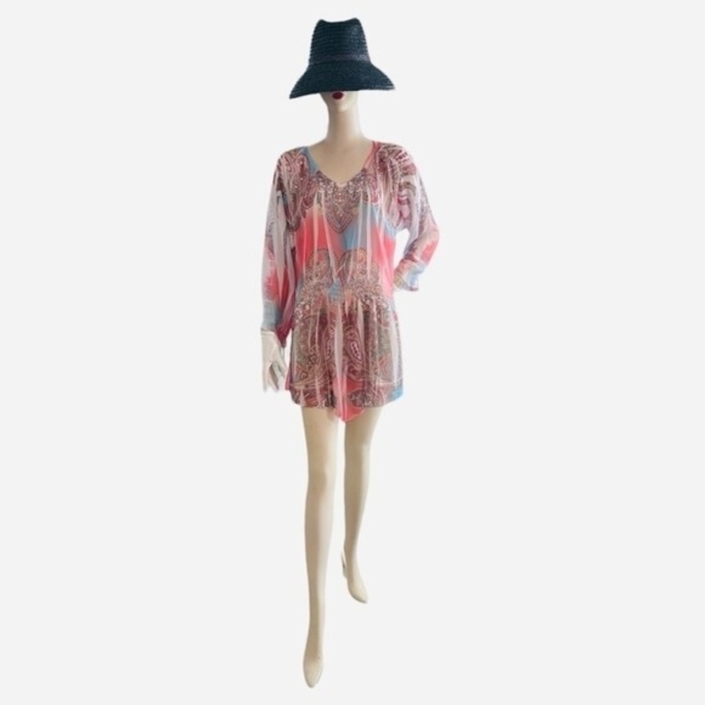 Daniel Benjamin Sheer Studded Tunic Blouse Dress Multicolor V-Neck Size M - Picture 5 of 11